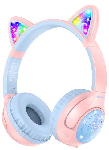 TECKNET Kids Headphones Wireless LED Lights Cat Ear,Kids Bluetooth Headphones Safe Volume 74/85/94 dBA,70H Playtime,Type-C,Bluetooth 5.3,AUX,Over-Ear Toddler Headphones Built-in Mic School/Tablet/PC