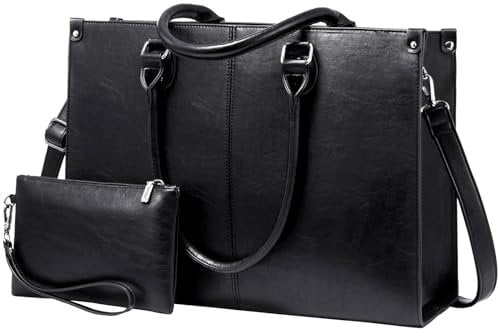 LOVEVOOK Laptop Bags for Women,15.6 Inch PU Leather Tote Bag with Wristlet Pouch, Retro Ladies Handbag Shoulder Bag Briefcase for Work School Office Business,Black