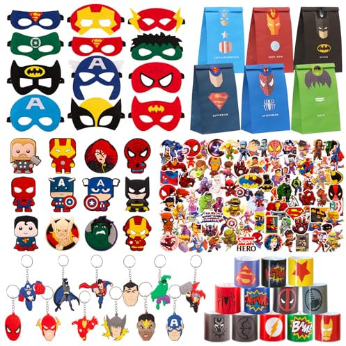 cj Party2 110PCS Super held Aven gers Party Mitgebsel Kinder, Schlüsselanhänger, Aufkleber Kinder, Themen Party Gefälligkeiten Set, für Kindergeburtstag Mitgebsel Party Zubehör Kinder Jungen Mädchen