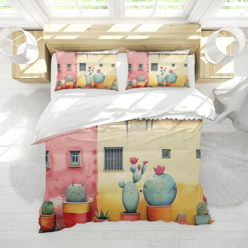 MOKOSAISE Nordic Style Bettwäsche Set 3-teilig Buntes Bauhaus Kaktus Blumentopf Gemütliches Bettwäsche-Set mit 2 Kissenbezügen 4 Krawatten & Reißverschluss 140 x 220 cm