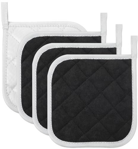 JUNW - 4 presine da cucina resistenti al calore, quadrati, colore: bianco e nero su entrambi i lati e guanti da forno, presine da forno per presine in tessuto, cottura (4 pezzi)