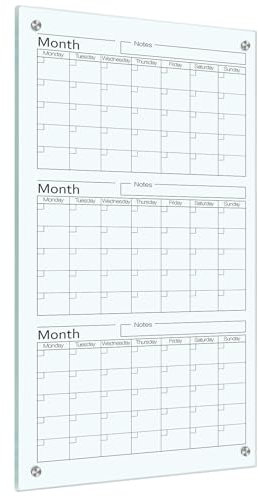 Kritkin Whiteboard-Kalender aus Glas, 91,4 x 45,7 cm, 3 Monate, trocken abwischbar, Whiteboard-Planer, Glas, groß, Wandmontage mit Markerablage für Wand, Zuhause, Büro