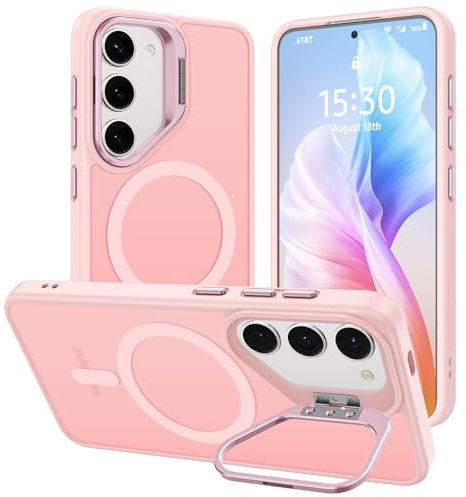 ÁRBOLORO Coque pour Samsung Galaxy S23 avec Béquille, Compatible avec MagSafe, Etui de Téléphone avec Caméra Support en Métal Intégrée, Housse de Protection de Qualité Militaire, Mat Translucide Rose