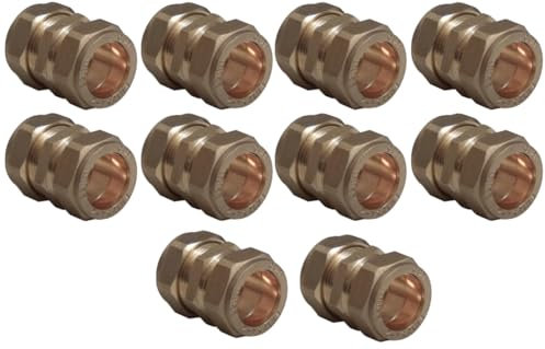 Pack of 10, 22mm Brass Compression Straight Couplers, WRAS Approved Couplings