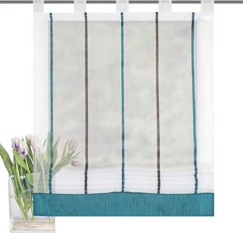 Schlaufenrollo Raffrollo Gardine Raffgardine Vorhang für Fenster in Weiss gestreift Petrol halbtransparent 1 Stück BxH: 100 x 150 cm