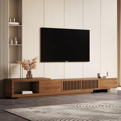 OLEYLUCKLIVE Mid-Century Modern TV-Schrank für 80+ Zoll Fernseher,Ausziehbares TV Lowboard mit Stauraum (198 cm bis 262 cm), Home Entertainment Center in Walnuss für Wohnzimmer,Schlafzimmer