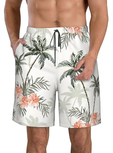 Yyoretp Pantaloncini da spiaggia hawaiani da uomo, con stampa di palme tropicali, ad asciugatura rapida, con tasche, bianco, L