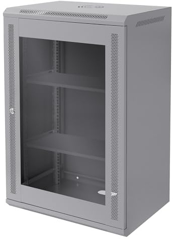 ECD Germany Netzwerkschrank 18 HE, Serverschrank 19 Zoll, Grau, Wandmontage, 450 mm Tiefe, 600 x 900 x 450 mm, voll montiert, Server Gehäuse mit abschließbarer Sicherheitsglastür, Traglast 60 kg