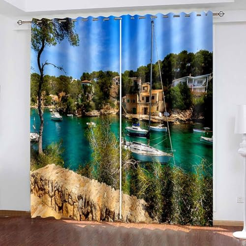 Lirzxin Vorhänge Thermo Verdunkelung 229 cm Lang, Gardinen Verdunkelnd mit Ösen 2er Set Blau Grün Khaki Dorf und Fluss Landschaft Vorhang für Schlafzimmer Wohnzimmer, 234x229 cm(BxH)