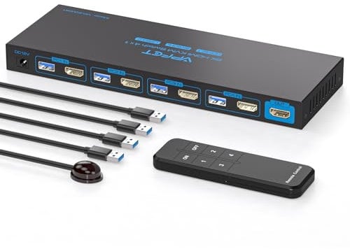 AILVLVNG 4K144Hz HDMI KVM Switch 4 PC 1 Monitore 8K60Hz USB 3.0 KVM Switches 4 Port Für 4 Computer die Sich 1 Monitor und 4 USB-Geräte teilen., Maus, Drucker mit 4 USB 3.0 Kabeln und Mini Controller