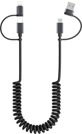 BASESAILOR 4 in 1 USB C to USBC Coiled Car Charger Cable for iPhone 17 Air 1.4M,60W Multi Type C Coil Fast Charging Cord with USB A and Lightning Adapter for Android Auto,Apple 16 15 Pro Max,S23 S22