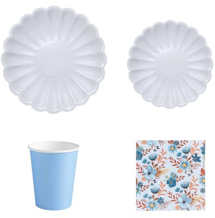 OH YEAH - Set Vajilla Desechable Fiesta 6 Personas Azul - Vasos Cartón 270 cc + Platos Cartón Ø18 y Ø23 cm + Servilletas Papel - Menaje para Cumpleaños y Eventos - FIESTA COLOR FLORAL