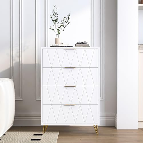 Kommode mit 4 Schublanden, 60 x 34 x 90 cm, Kommodenschrank für Schlafzimmer, Aufbewahrungskommode, Highboard, Sideboard mit Schubladen, kommode Schmal, Modern Schrank für Wohnzimmer Flur(Weiß)