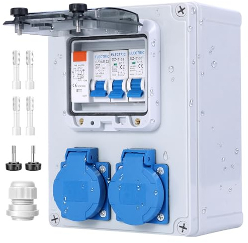 VAYALT Distributore a parete precablato, distributore di corrente di costruzione con interruttore FI 25 A+LS, interruttore di protezione 16 A, 2 prese Schuko da 230 V, alloggiamento impermeabile IP67