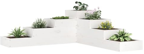Hoopleep Pflanzentreppe 4 Stufen 106x104,5x36 cm Weiß, Massivholz Kiefer, L-Form für Garten Outdoor, erhöhtes Beet für Pflanzen, Gemüse und Blumen