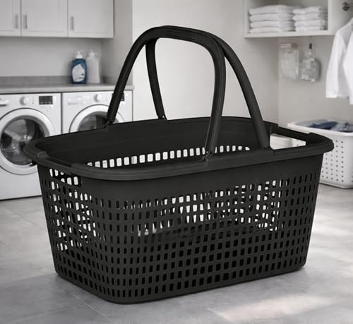 32 Liter Henkel Wäschekorb Wäschewanne Bügel Wäsche Plastik Griffen Kunststoff Korb Grau Blau (Schwarz)