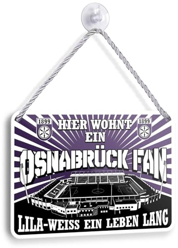 Blechschild Hier wohnt ein Osnabrück Fan 18x12cm - Fußball Deko Türschild Lila Weiß - Fanartikel Hängeschild - Geschenk für Fußballfans (Osna 2)