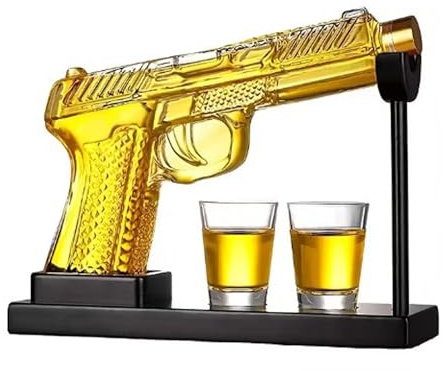 Lot de carafe à whisky en forme de pistolet (236 ml) avec 2 verres à shot de 6 ml - Cadeau pour homme, père, frère, collègue et ami - Carafe en verre pour bar de maison