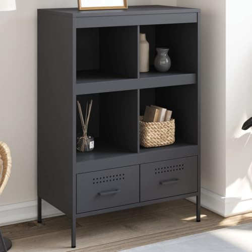 Mokuyary Highboard Anthrazit 68x39x101,5 cm Stahl Sideboard Holz modern Küchenschrank für Küche Wohnzimmer Esszimmer Küchenbuffet