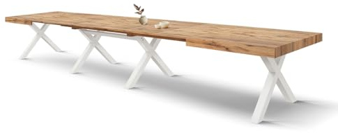 PAZZO DESIGN Roberta Ausziehtisch, Wohnzimmertisch, Küchentisch, rustikale Eiche, gekreuzte Beine weiß, 180 bis 480 cm, hergestellt in Italien, id_2407
