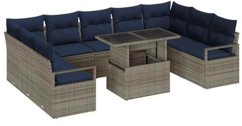 vidaXL Gartensofa-Set 10 pcs Grau und Marineblau Poly Rattan, Garten und Terrasse, rechteckige modulare Möbel, strapazierfähige Sofaset, wetterfestes Loungeset, Sitzgruppe
