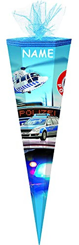 alles-meine.de GmbH Schultüte - Polizei Auto/Hubschrauber - 70 cm - rund - incl. Namen - Tüllabschluß - Zuckertüte - mit/ohne Kunststoff Spitze - für Jungen/Polizist - ..