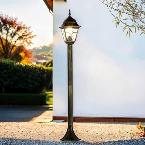 Stehleuchte Aluminium Glas in Gold Antik IP44 Garten Weg 103 cm hoch E27 Tiffany Rustikale Laterne Mast Wegeleuchte Außen SALZBURG