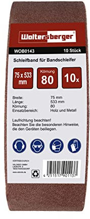 Woltersberger® 10 nastri abrasivi in tessuto, dimensioni 75 x 533 mm, grana P60, carta vetrata, per levigatrice a nastro/carta vetrata