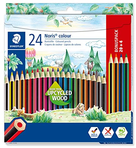 STAEDTLER Buntstifte Noris colour, rutschfeste Soft-Oberfläche, hohe Bruchfestigkeit, Made from Upcycled Wood, intensive Farben, Sechskantformat, 20 + 4 Farbstifte im Kartonetui, 185 C24P