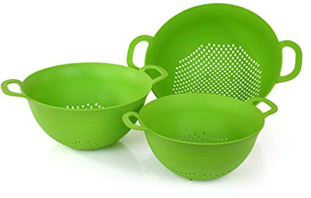 Mintra Home Plastic Strainer Colanders Set: 3, 3.5 and 5 Quart (Green) Double Strong Handles and Deep Bowl, Safe BPA-Free - Use for Pasta, Noodles, Spaghetti, Vegetables (Assorted Sizes 3pk)
