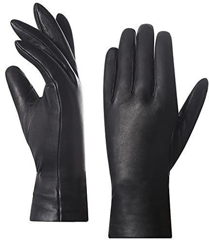 Harssidanzar Leder Handschuhe Frauen,Damen italienische Lammfell Lederhandschuhe Kaschmir Gefüttert,Schwarz, XL