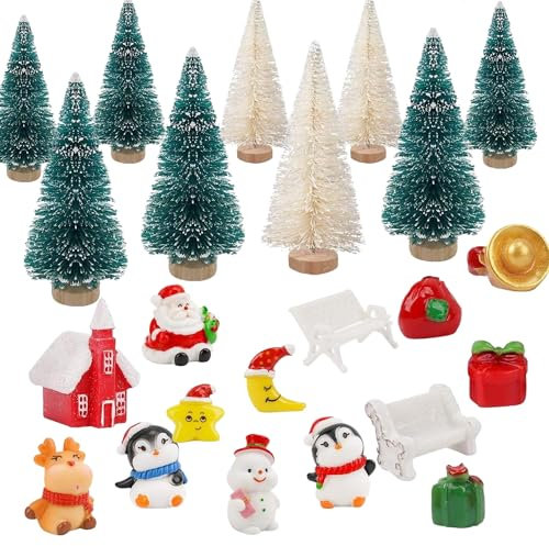 21 Stück Mini Weihnachtsbaum,Miniatur Weihnachtsbaum KüNstlicher Set Klein Tischdeko Schneemann Weihnachtsmann Rentier Ornamente Modell füR Garden Home Party Dorf Decor Kinder Geschenk Schaufenster