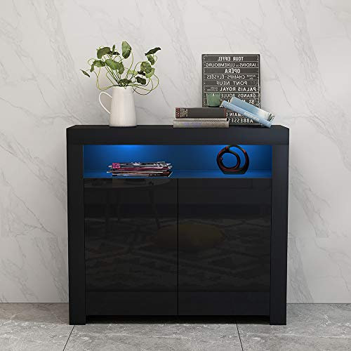 Panana 2 Door Modern LED Sideboard Matt Body and High Gloss Fronts, Cabinet Cupboard Unit with Multicolor LED Light, 107 cm *35 cm *97 cm (Black)