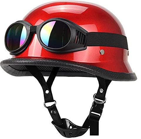 Demi-Casque De Moto Rétro Casques De Moto Unisexe Avec Lunettes Vintage Casque Ouvert D'été Pour Hommes Femmes Street Cyclomoteur Scooter DOT/ECE Casques Bol Style Armée Vintage,Rouge,XXL
