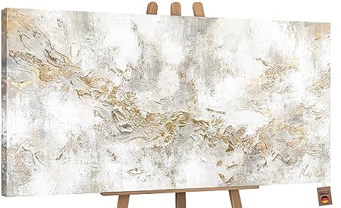 YS-Art Luxus Abstrakt Acryl Gemälde auf Leinwand Geschichte handgemalt Wandbilder Wohnzimmer modern Wohndekor Bilder Büro Gold Grau Beige echte Kunst 140x70 cm