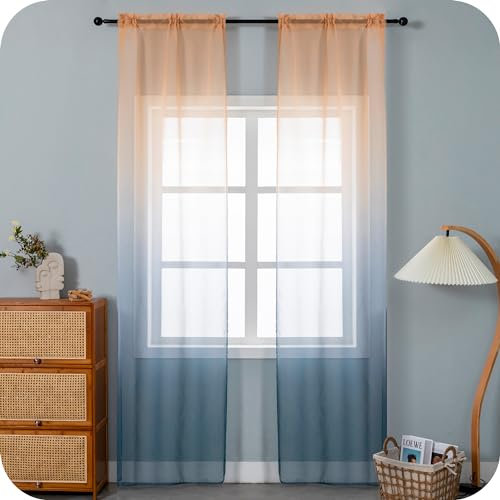 GIRASOLE HOME Coppia Tende Voile Semi Trasparenti Colore Sfumato Giallo e Grigio Tenda per Soggiorno Camera Cameretta Cucina e Interni 2 Pannelli con Tasca 70x258cm