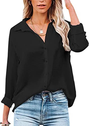 Womens Blouse Casual Long Sleeve Shirt Tops V Neck Button Down Shirts Basic Loose Tunic T Shirts (L, Black)