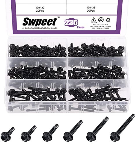 Swpeet Juego de 235 tornillos autoperforantes de acero inoxidable 410, color negro, #10, cabeza de arandela hexagonal, tornillos de chapa autoperforantes, tornillos de metal antioxidantes