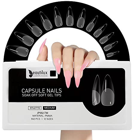 Beautilux Capsule Americaine Ongle, Stiletto Medium Capsules Ongles Transparente Acrylique 552 Pièces 12 Tailles, Soak Off Faux Ongles Pose Americaine Pour Manucures à Domicile Et Salons De Manucure