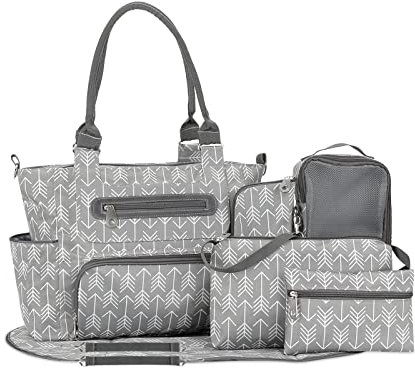 SONARIN 7er-Set Baby Wickeltasche,Multifunktionale Babytasche Mutter Windeltasche Reise Umhängetasche Tragetasche Handtasche mit Flaschentasche Wickelunterlage & Kinderwagen Haken(Grau)