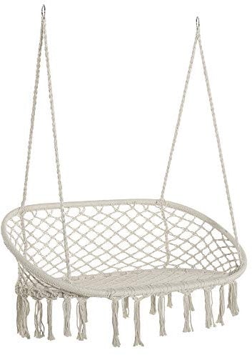 Outsunny 2-Seater Hanging Hammock Chair, Cotton-Polyester Blend Macrame Hanging Rope Chair with Metal Frame, for Patio, Garden, Balcony, Living Room, Cream White