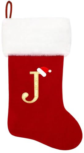 Eoocan 20 Inches Monogram Christmas Stockings Red Velvet with White Super Soft Plush Cuff Embroidered Xmas Stockings Classic Personalized Stocking Decorations for Family Holiday Season Decor(Letter J)