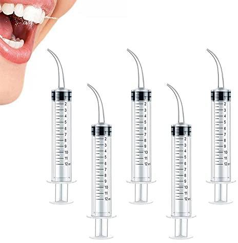 Siringa Dentale, Siringa per Irrigazione Dental, Siringa Graduata per Irrigazione Orale con Punta Curva per Pulizia delle Cure Dentistiche, Laboratorio, Cura Degli Animali Domestici, 12 ml, 5 Pezzi