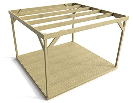 Wooden box pergola and decking, complete DIY kit (3m x 3m, Light green (natural) finish)