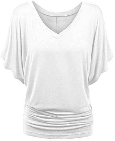 Bluse Damen Shirt Fledermaus V-Ausschnitt Blusenshirt Ruffles Kurzarm Bluse Tunika Übergröße Elegant Oberteile Locker Lässig Tops (White, L)