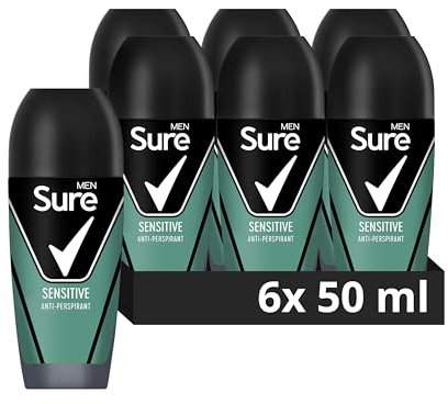 Sure Men Sensitive Roll On Deodorant Antiperspirant with MotionSense technology for 48 hour protection against sweat and odour 50 ml, Pack of 6