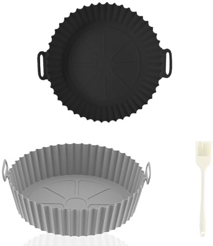 UEPOA 2 Piezas Molde Silicona Freidora de Aire, Utensilios Molde Airfryer Accesorios Freidora de Aire Reutilizable Bandeja Recipientes y Cepillos Moldes para Air Fryer Microondas Horno (Negro, Gris)