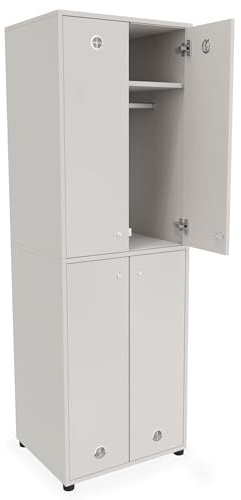 Holzspind Umkleideschrank mit 4 Türen, Spind H183xB60xT50cm, Wertsachenschrank abschließbar, Garderobenschrank 4 Schrankeinheiten, Ablagefach und Kleiderstange (Zylinderschloss, Lichtgrau)