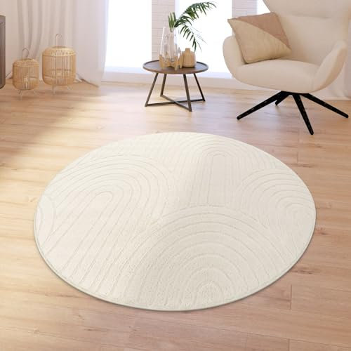 TT Home Wohnzimmer Teppich Schlafzimmer Hochflor Skandinavisch Uni Boho Waschbar, Farbe:Hellbeige Hellcreme, Größe:120 cm Rund