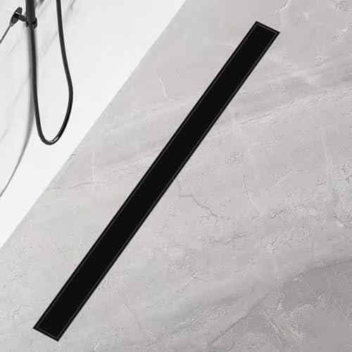 Duschrinne 60 cm, Edelstahl Ablaufrinne Komplettset Schwarzes Glas Extra flache Duschrinne mit Haarsieb und Geruchsstop